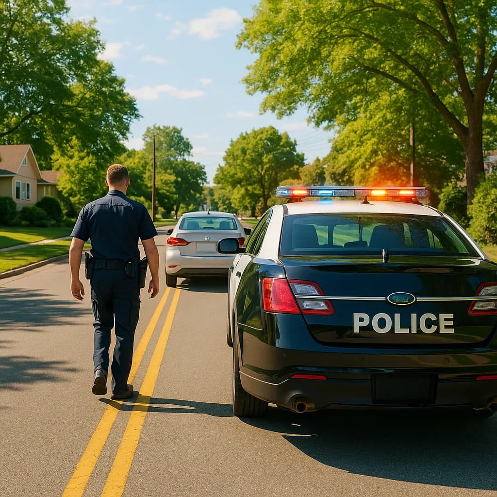 Police officer approaching stopped vehicle during traffic stop on suburban street with patrol car lights flashing