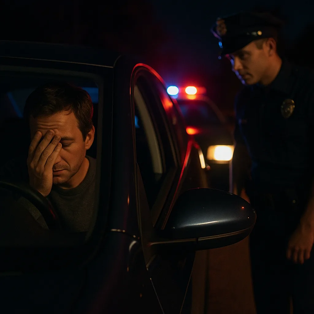 Police officer conducting nighttime traffic stop with distressed driver covering face in vehicle